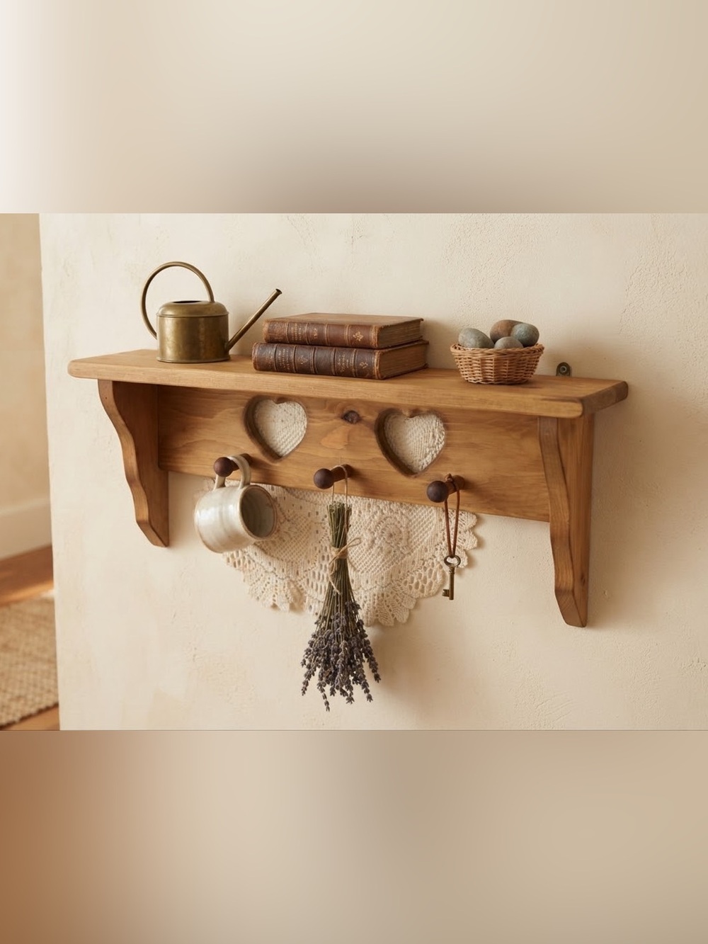 Rustic Wooden Heart Cut-Out Wall Shelf with 3 Shaker Pegs - 24”